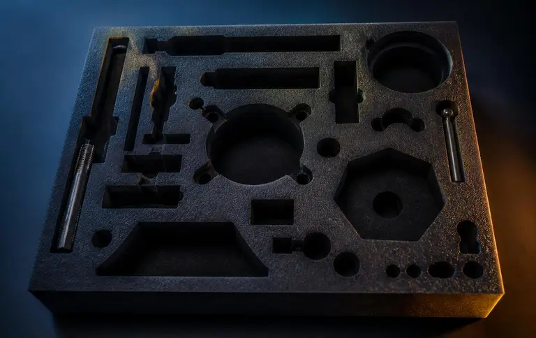 CNC-cut black polyethylene foam insert tray with part cavities